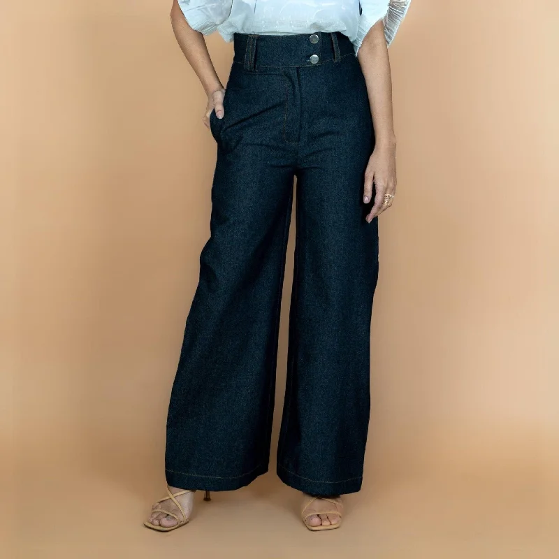 Limited Stock Indigo Cotton Denim High-Rise Flared Wide Legged Pant