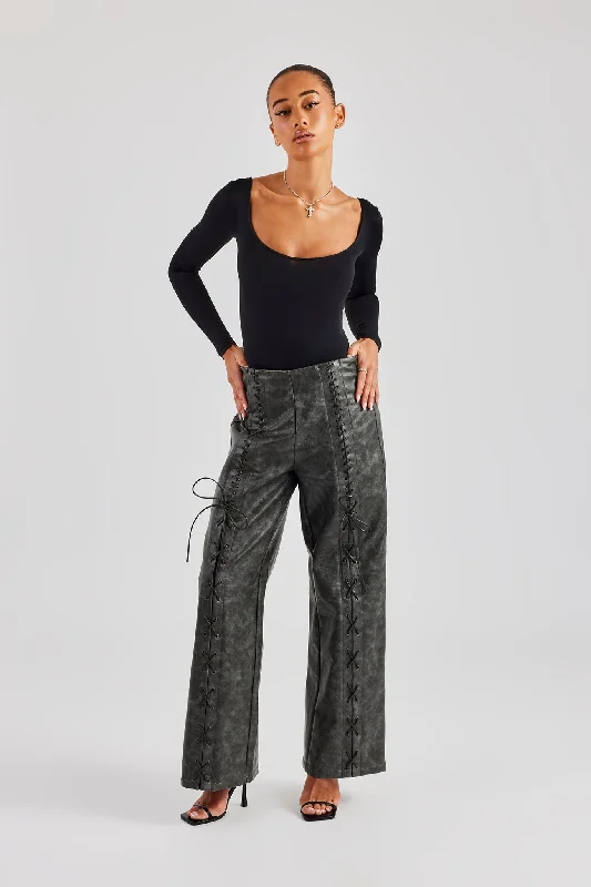 Bonus Savings Washed PU Lace Up Detail Trouser - Charcoal