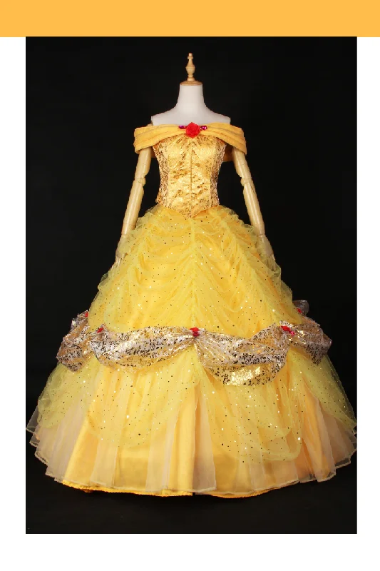 Princess Belle Rose Gold Brocade Drape Beauty And Beast Cosplay Costume