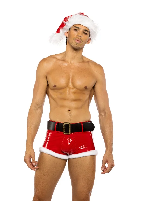 Men's Red Vinyl & Faux Fur Santa Sexy Short & Headpiece