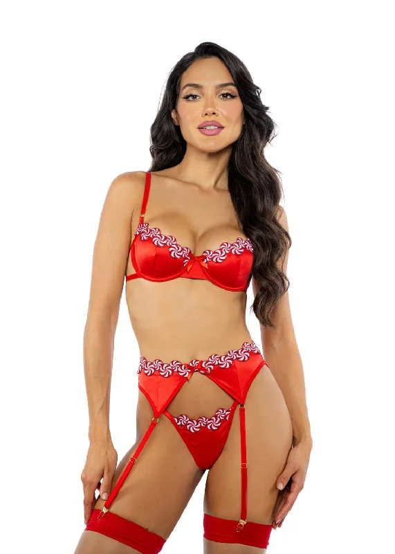 Red Candy Trim w/ Mesh Satin Bra, Garter Belt & Thong Lingerie