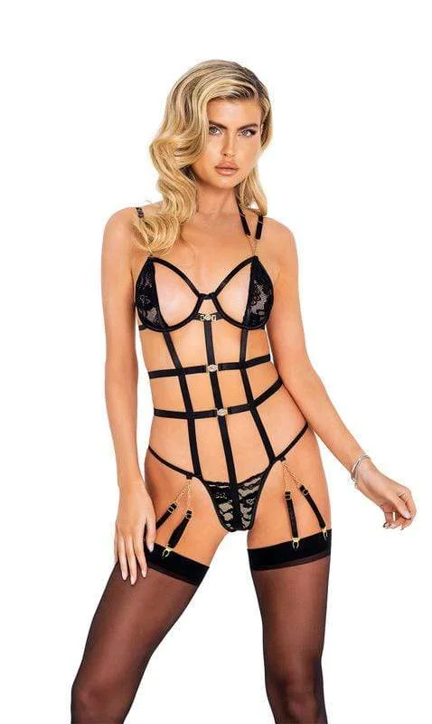 Black Caged Chain Lingerie Teddy w/ Underwire Support