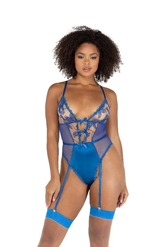 Blue Embroidery & Satin Gartered Teddy (Black is also available)