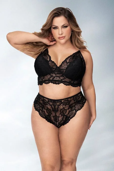 Plus Size Sexy Black Floral Lace Top & High Waisted Panty Lingerie