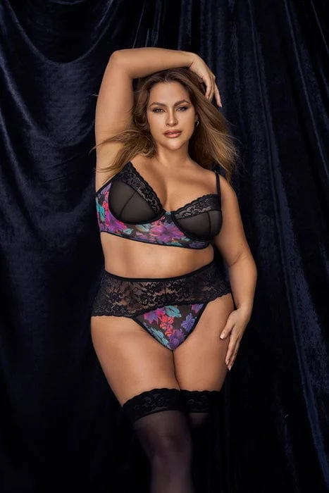 Plus Size Sexy Black Mesh Dream Flower Print Underwire Top & High Waisted Panty Lingerie Set