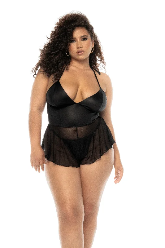 Plus Size Black Satin & Mesh Halter Neck Romper Lingerie