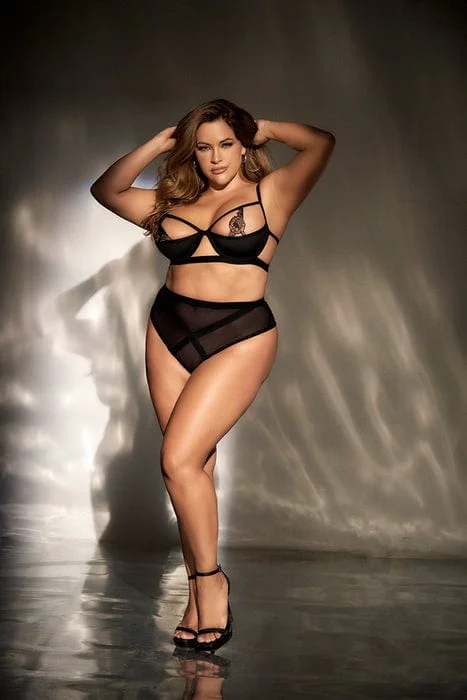 Plus Size Sexy Black Mesh Open Cup Underwire Top & High Waisted Panty Lingerie