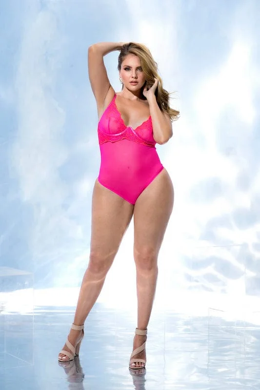 Plus Size Sexy Hot Pink Mesh Underwire Bodysuit Lingerie