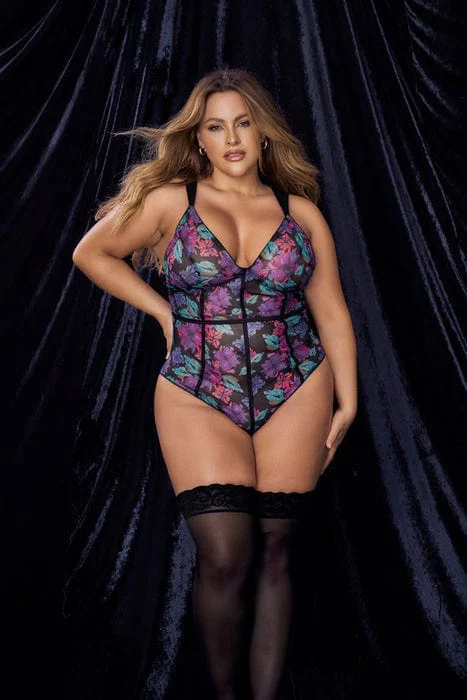 Plus Size Sexy Mesh Black Dream Flower Print Bodysuit Lingerie