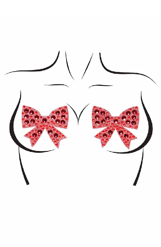 Red bow nipple stickers with rhinestones