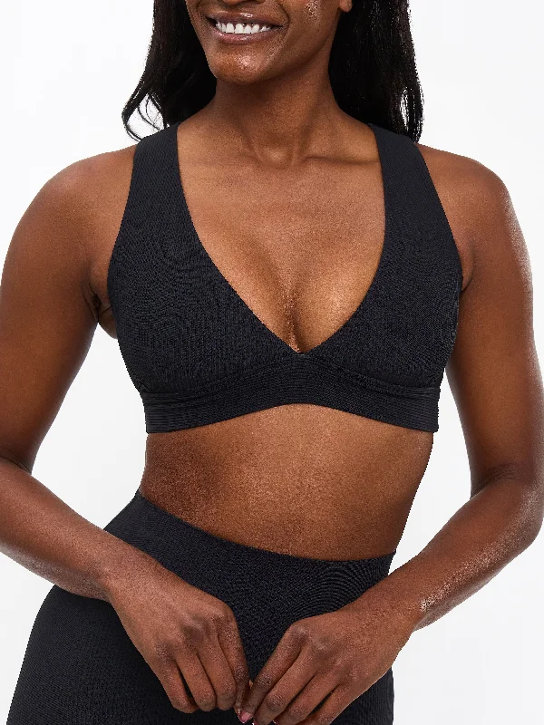 Ribbed Deep V Sports Bra - Onyx Black