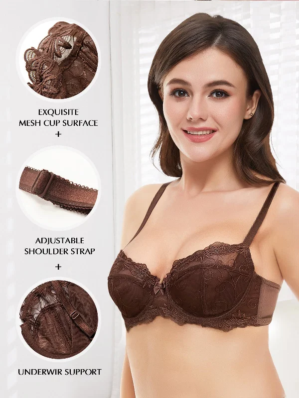 See Through Mesh Cups Non-pads Embroidered Bra Chocolate Brown