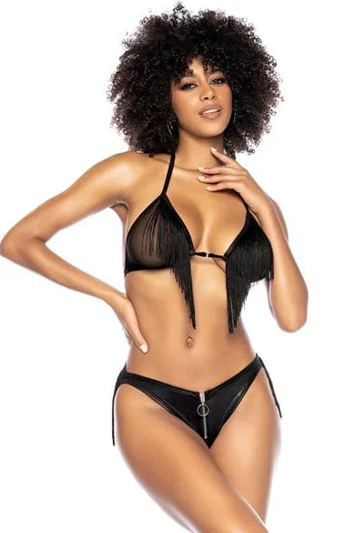 Sexy Black Fringed Halter Triangle Top & Open Back Panty Lingerie