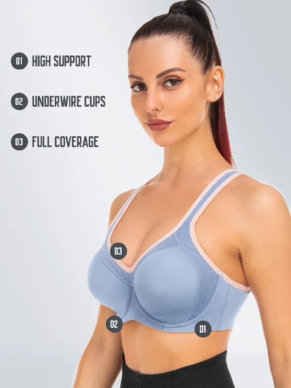 High-Impact Underwire Full Support Plus Size Sports Yoga Bra Blue